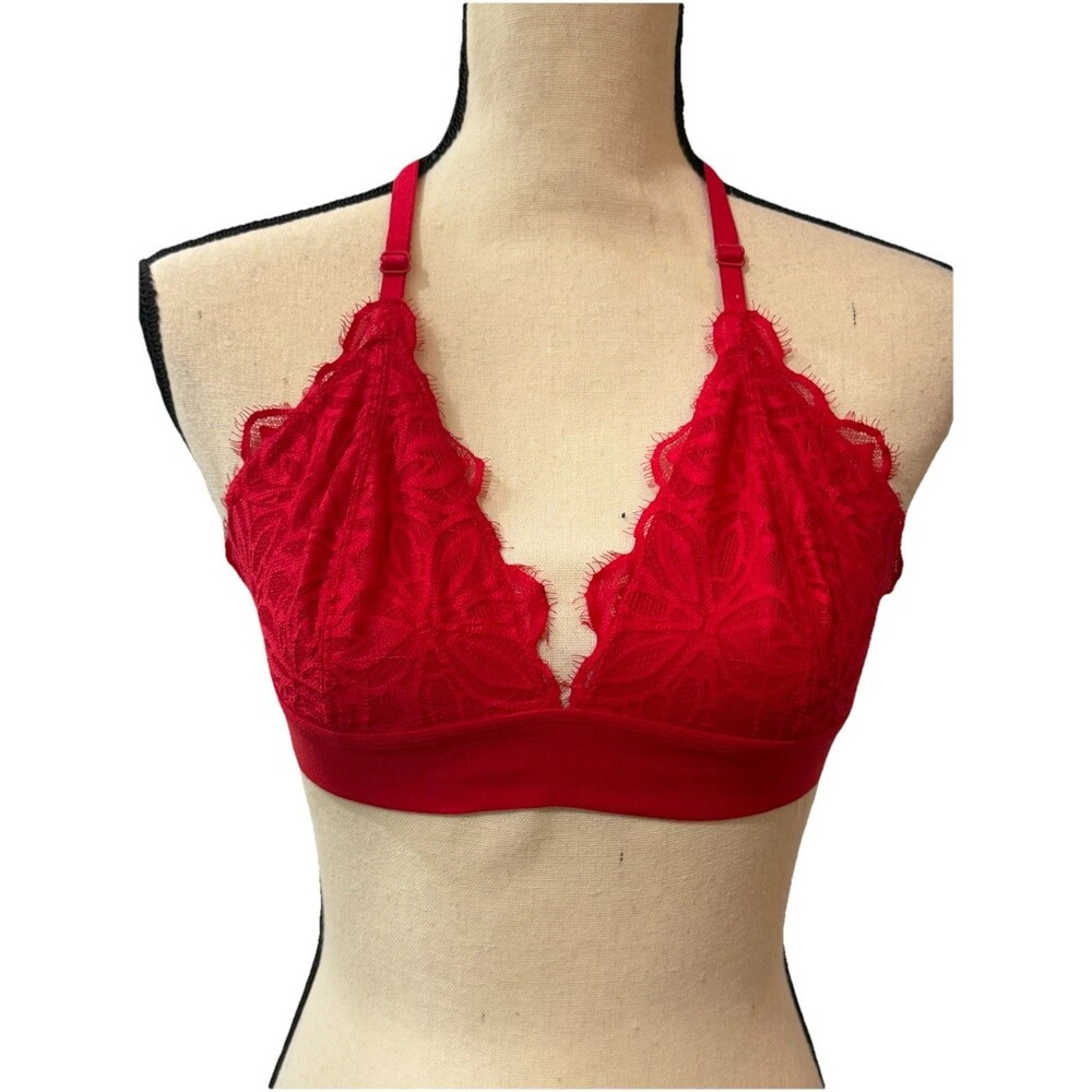 PINK Lace Bralette Red Large Adjustable Straps Racerback NEW Lined Floral Large